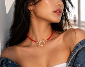 Leather Choker Necklace, Silver Plated Toggle Clasp, Bohemian Jewelry, USA Made