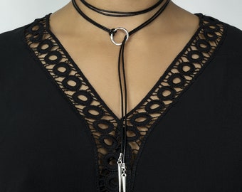 Gargantilla de cuero con lazo, collar en Y con pinchos plateados, estilo bohemio