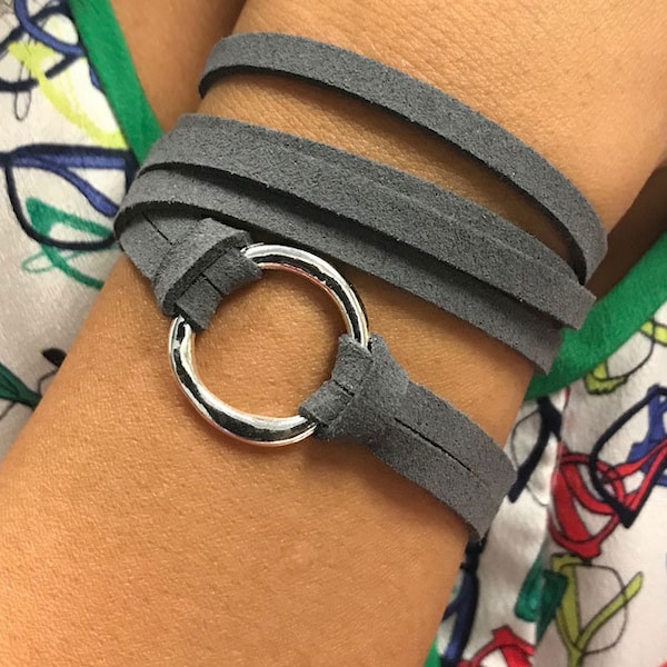 Infinity Circle Wrap Bracelet, Leather Jewelry, Dark Gray Faux Suede, Leather Cuff Bracelets, Gift for Her, Leather, Triple Wrap, Bangles