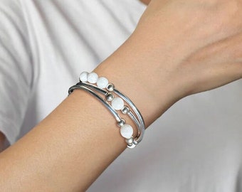 Bracelet de nouilles extensibles triple tour en jade blanc, collier tube, 8 mm, bracelet de nouilles tubes en argent, pierres précieuses, bracelet extensible