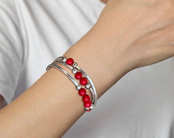 Bracelet de perles extensibles triple tour corail rouge, collier tube, 8 mm, bracelet de nouilles tubes en argent, pierres précieuses, bracelet extensible