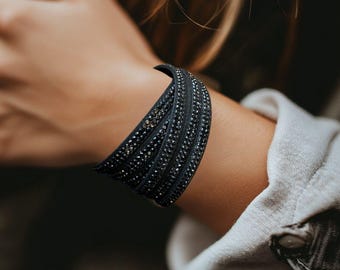 Black Crystal Microfiber Snap Double Wrap Bracelet – Boho Friendship Bracelet & Gift for Her