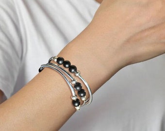 Bracelet de nouilles extensibles triple tour en onyx noir mat, collier tube, 8 mm, bracelet de nouilles tubes en argent, pierres précieuses, bracelet extensible