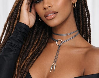 Leather O-Ring Lariat Choker, Boho Y-Necklace, Silver Spikes