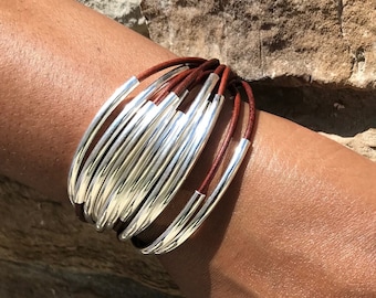 Red Brown, Leather, Wrap Bracelet Bracelet, Silver NoodleTubes  - Leather Bracelet with Magnetic Clasp