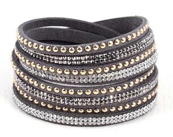 Grey Crystal Wrap Bracelet – Gold Studs, Boho Chic