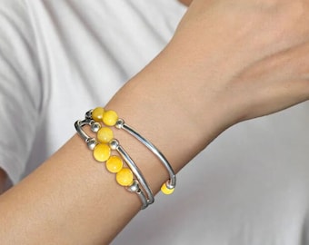 Yellow Jade Triple Wrap Stretch Bead Bracelet, Tube Necklace, Gemstone Silver Tube Noodle Bead Bracelet, Stretch Bracelet