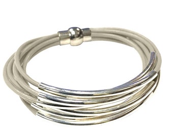 Pearl (Off White) Leather Cuff Bracelet w/Silver Tubes - Multi Strand Bangle Women's Bracelet w/Magnetic Clasp