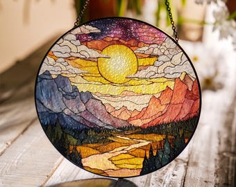 Mountain Range Stained Glass Suncatcher, Window Hanging Decor, Sunset Mountain Suncatcher, Nature Lover Gift, Window Suncatcher