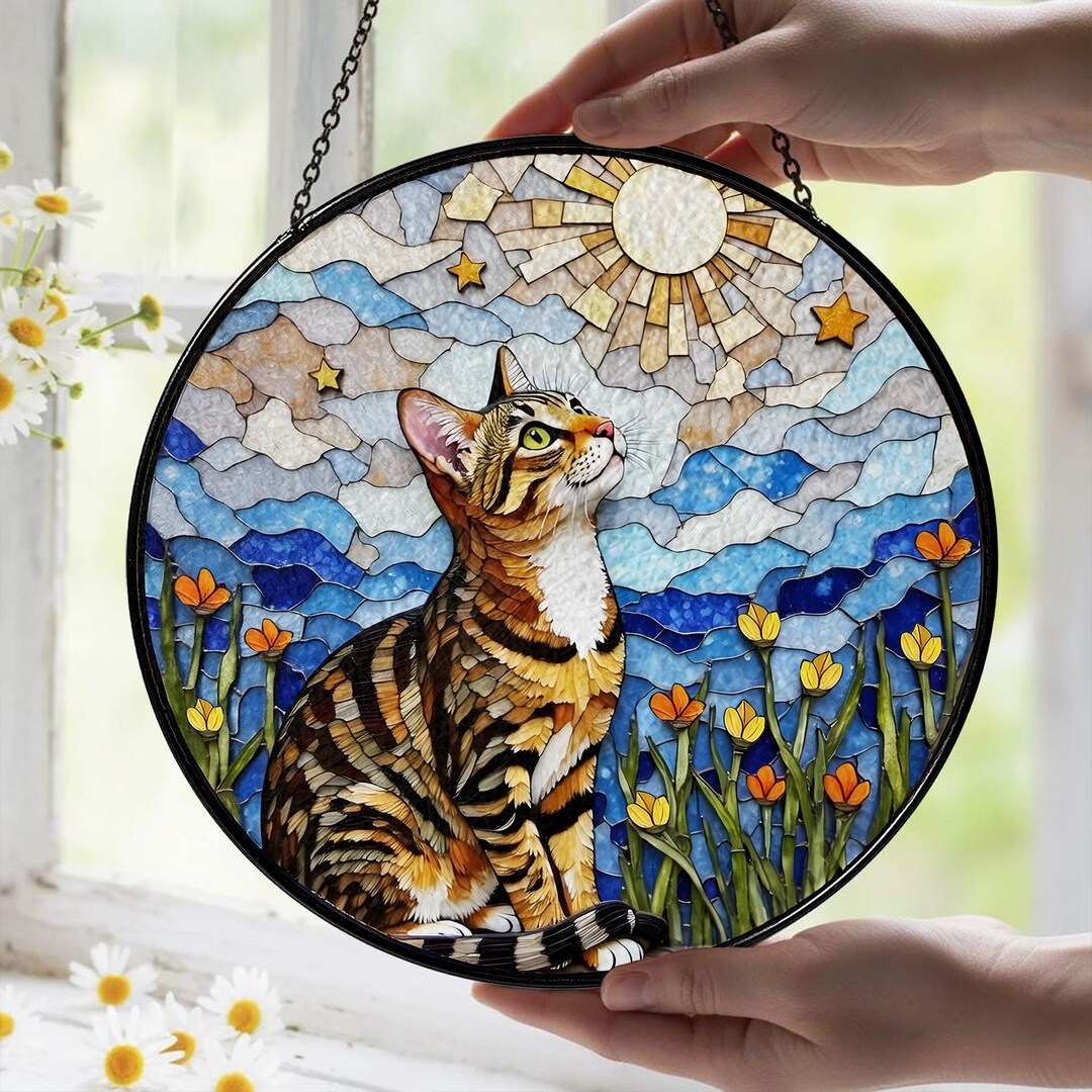 Tabby Cat Moonlight Faux Stained Glass Suncatcher, Window Hanging Decor ...