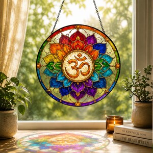 Rainbow Mandala Stained Glass Suncatcher, Om Symbol Window Decor, Chakra Inspired Glass Art, Zen Art Suncatcher, Spiritual Wall Hanging