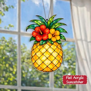 Tropical Pineapple Acrylic Suncatcher, Window Hanging Decor, Tropical Summer Fruits Decor, Faux Stained Glass Style, Pineapple Lover Gift