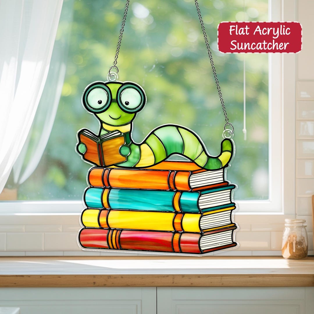 Bookworm Window Display Funny Bookworm ACRYLIC Suncatcher, Book Lover Window Hanging, Book ...