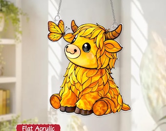 Highland Cow Butterfly Acrylic Suncatcher,  Cute Farm Animal Window Decor, Western Cow Suncatcher, Country Home Gift, Nature Lover Gift