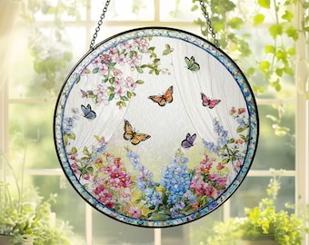 Butterfly Wildflower Faux Stained Glass Suncatcher - Garden Decor