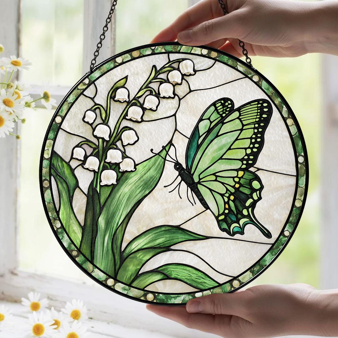 Lily of the Valley Butterfly Stained Glass Suncatcher, Flower Window ...