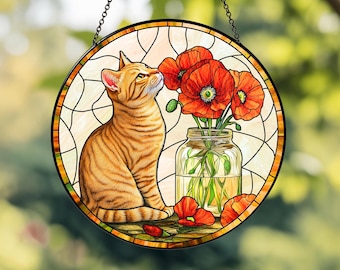 Orange Cat and Poppies Stained Glass Suncatcher, Tabby Cat Suncatcher, Gift For Cat Mom, Flowers Window Hanging, Cat Lover Gift