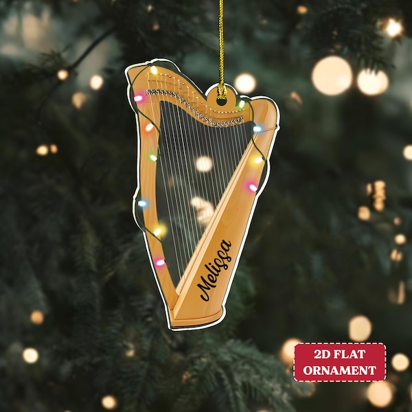 Personalized Harp Christmas Lights Acrylic Ornament, Custom Harp 2D Flat Ornament, Harp Lover Gift, Gift for Musician