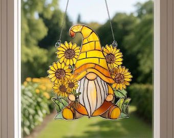 Sunflower Gnome Acrylic Suncatcher, Garden Window Decor, Floral Gnome Suncatcher, Spring Garden Decor, Gift for Mom, Whimsical Home