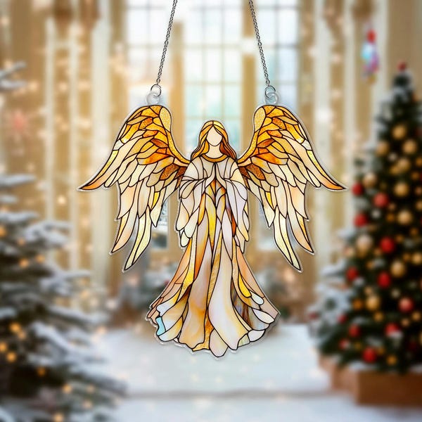 Golden Angel Stained Glass Suncatcher, Guardian Angel Window Hanging, Warm Amber Wings Ornament, Christmas Gift for Mom or Grandma