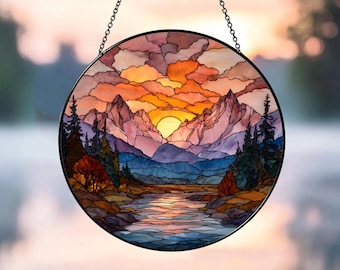 Sunset Landscape Stained Glass Suncatcher, Window Hanging Decor, Sunset Sun Catchers, Mountains Landscape Suncatcher, Nature Lover Gift