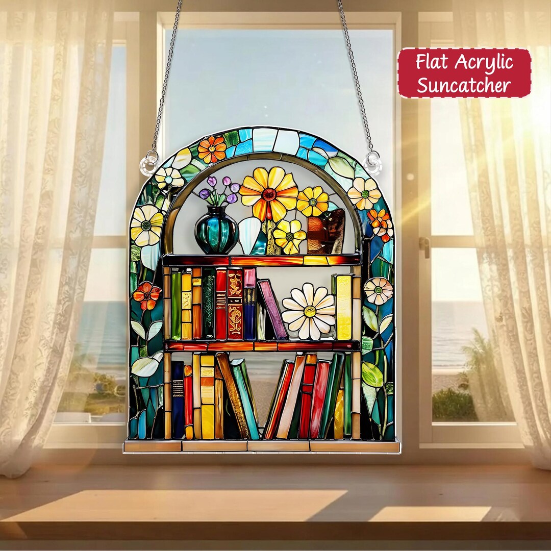 Bookworm Window Display Floral Bookshelf Acrylic Suncatcher, Bookish Stained Glass Effect ...
