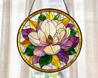 Mardi Gras Magnolia Stained Glass Suncatcher, Floral Window Hanging, Mardi Gras Trees, New Orleans Carnival Gift, Mardi Gras Decor
