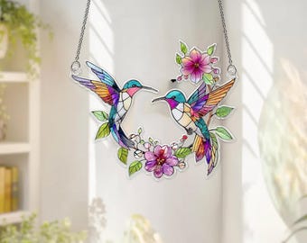 Hummingbirds Acrylic Sun Catcher, Birds Faux Stained Glass Style, Flower Hummingbird Window Decor, Gift for Gardener, Nature Lover Gift