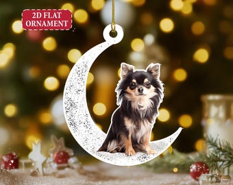 Long Haired Chihuahua Sit On The Moon Ornament, Chihuahua Acrylic Ornament, Gift for Dog Lover, Chihuahua Lover Gift, Xmas Dog Ornament
