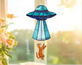 Custom Cat Spaceship Acrylic Suncatcher, Alien Abduction Window Decor, Personalized Cat & Spaceship, Gift for Cat Lovers, Funny Gift
