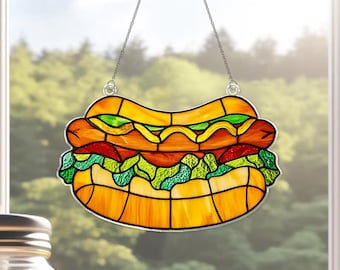 Hot Dog Acrylic Suncatcher, Fast Food Lover Gifts, Colorful Stained Glass Style Kitchen Decor, Gift for Food Lovers, Food Art Decor