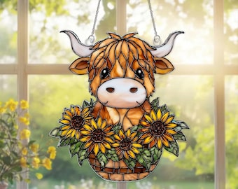 Highland Cow with Sunflower Acrylic Suncatcher, Rustic Home Decor, Sunflower Suncatcher, Farmhouse Rustic Decor, Country Home Lovers