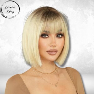 Blonde kurze Bob Perücke mit dunklen Wurzeln, kurze Ombre Perücke, kurzes glattes Haar, Perücke mit Pony, Cosplay Perücke, nette Perücke, Geschenk für sie, Geschenk für Mutter