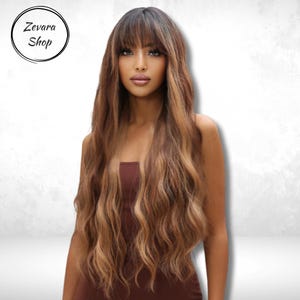 Long Ombre Brown Wavy Wig With Bangs, Long Wig, Natural Looking Layered Balayage Wig, Women Wigs,Party Wig, Cosplay Wig, Synthetic Wig, Gift