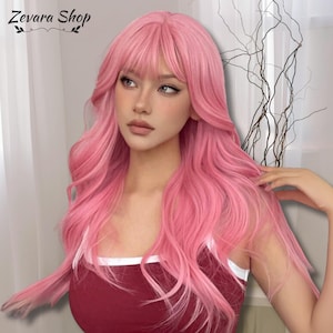 Long Pink Curly Wig, Synthetic Wig With Bangs For Women, Pink Wig, Girls Wig, Daily Cosplay Wigs, Cute Wig, Gift for Girlfriend,Gift for Her