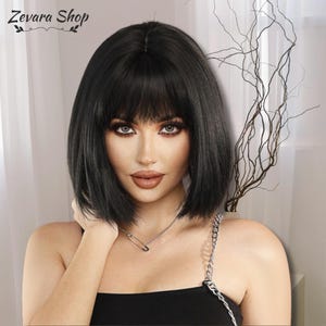 Short Black Wig, Short Bob Wig with Bangs, Black Bob Wig, Straight Synthetic Wig, Fashion Bob Wig, Cosplay Wig, Gift For Her, Gift For Women