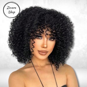 Short Black Afro Curly Wig with Bangs, Black Curly Short Hair, Black Wig, Cute Short Wig, Synthetic Wig, Woman Wig, Cosplay Wig,Gift for Her