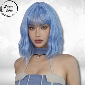 Blue Wavy Wigs, Short Curly Wavy Wigs with Bangs, Light Blue Bob Wig, Synthetic Wigs, Cosplay Wigs, Wigs, Wigs for Girls, Gift for Women