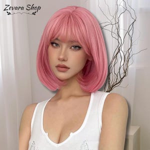 Straight Pink Bob Wig with Bangs, Short Pink Wigs, Sweet Girl Straight Synthetic Wigs, Cosplay Party Wigs, Gift For Women, Gift For Her