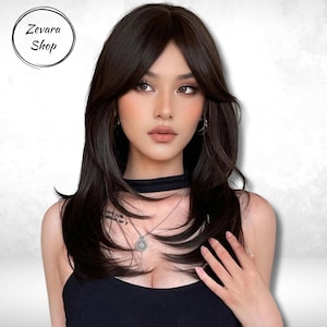 Long Dark Brown Layered Wigs, Straight Wigs, Brown Wig with Curtain Bangs, Heat Resistant Wigs, Party Wigs, Gift for Her, Gift for Women