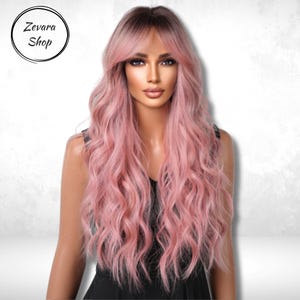 Ombre Pink Dark Root Wig, Long Wavy Synthetic Wig, Curly Wig, Wig With Bangs, Middle Part Wig, Cosplay Party Wigs, Gift for Her, Gifts