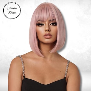 Pink Wig, Short Wig, Bob Wig with Bangs, Straight Synthetic Wigs, Heat-Resistant Wig, Cosplay Wig,Short Pink Wig,Gift For Women,Gift for Her
