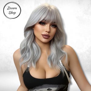 Medium Gray Wavy Wig, Wig with Bangs, Medium Heat Resistant Wig, Silver Synthetic Wig, Cosplay Wig, Fashion Wig, Woman Wig, Gift for Her