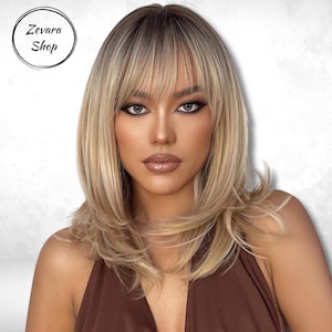 Long Blonde Ombre Wig,Dark Roots and Bangs,Layered Blonde Wig,Straight Blonde Wig,Synthetic Wig,Cosplay Wig, Daily Wig, Gift for Her,Gifts