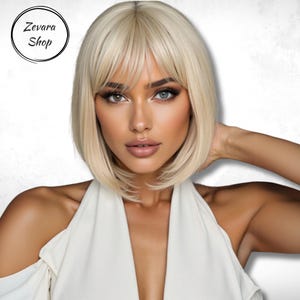 Blonde Short Bob Wig, Platinum Blonde Wig With Bangs, Bob Wig, Short Straight Wig, Fashion Wig, Cosplay Wig, Gift for Women,Gift for Her