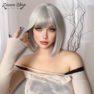 Short Gray Bob Wig, Silver Gray Hair Wig, Wig with Bangs, Short Wig, Costume Wig, Cosplay Wig, Synthetic Wig, Wig, Woman Wig, Gift for Her
