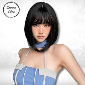 Black Short Bob Wig with Bangs, Straight Bob Wig, Natural Black Wig for Women, Synthetic Wig, Fashion Bob Wig, Costume Wig,Wig,Gift for Her