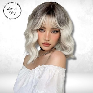 Ombre Short Wavy Wig with Bangs, Brown Gradient White Blonde Wig, Dark Roots, Cute Short Wig, Woman Wig, Synthetic Wig, Cosplay Party Wigs