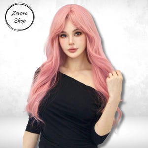 Rosa lange gewellte Perücken, hellrosa Perücke mit Pony, synthetische Perücke für Frauen, hitzebeständige Perücke, Cosplay Perücke, Frauengeschenk, Geschenk für sie, Geschenke