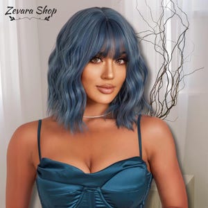 Blue Wavy Wigs, Dark Blue Bob Wigs, Blue Curly Wavy Wigs with Bangs, Short Synthetic Wig, Woman Wig, Cosplay Wig,Gift for Her,Gift for Women